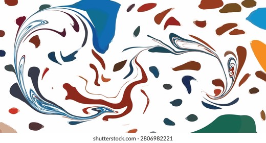 A dynamic abstract composition featuring fluid marbling effects and scattered organic shapes in a vibrant color palette.
