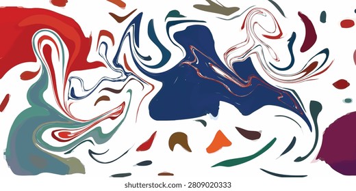 A dynamic abstract composition featuring fluid, swirling patterns in red, blue, green, and white, creating a sense of movement and energy.