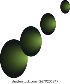 Uma composição abstrata dinâmica com quatro esferas verdes de tamanhos variados dispostos diagonalmente. As esferas parecem estar em movimento, transmitindo uma sensação de progressão e transição suave
