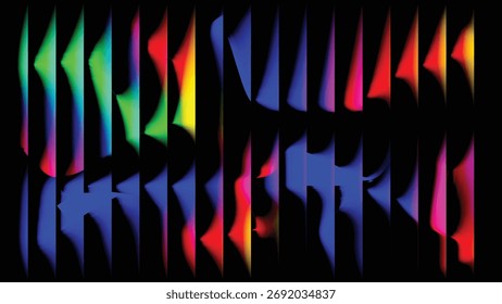 Composição abstrata dinâmica com listras verticais fraturadas de cores neônicas vívidas criando uma sensação de ruptura digital e movimento energético.