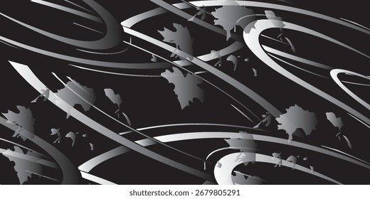 Composição abstrata dinâmica com formas geométricas e folhas