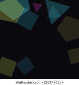 Dynamic abstract composition with overlapping geometric shapes in vibrant colors on a black background, perfect for modern designs.
