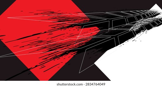 Dynamic abstract composition in red, black and white featuring a vanishing architectural grid, motion streaks and geometric shapes conveying speed, depth, modern design and urban futurism.