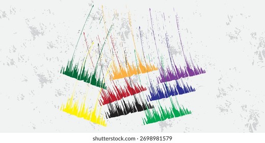 Composición abstracta dinámica con salpicaduras de colores brillantes como amarillo, verde, rojo, púrpura, azul, naranja y negro sobre un fondo gris texturizado