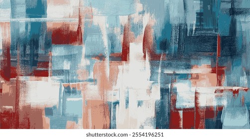 Dynamic abstract compositions with bold brushstrokes and intersecting cool blues, vibrant reds, and soft whites. Energetic layering evokes movement, harmony, and depth in an urban-inspired atmosphere