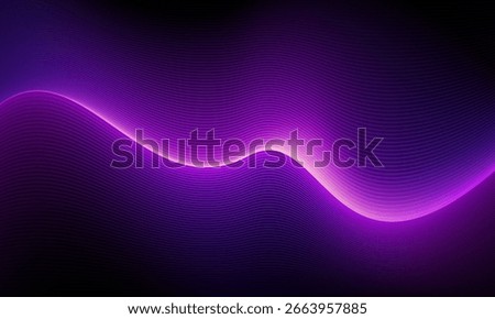 Dynamic abstract dark background. Wavy lines of rich neon, purple shades on a deep black background. Thin, bright stripes create the effect of glow, movement, fluid, flowing light energy.