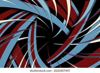 Diseño abstracto dinámico con líneas curvas en rojo, azul claro y beige sobre un fondo negro.