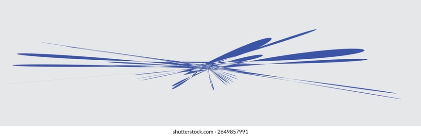 Um design abstrato dinâmico apresenta uma rajada de linhas e formas azuis irradiando para fora de um ponto central contra um plano de fundo cinza claro. 