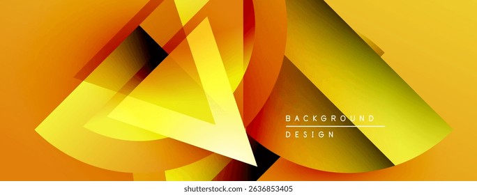 Dynamic abstract design features overlapping shapes, gradients. Warm yellow, orange hues dominate composition. Modern aesthetic.