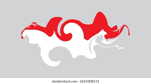 Um design abstrato dinâmico apresenta formas suaves e giratórias em vermelho vibrante e branco nítido contra um fundo cinza sereno, criando um gráfico fluido e visualmente cativante.