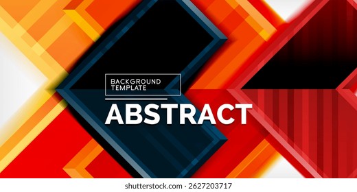 Dynamic abstract design features vibrant geometric shapes, bold colors, dark background. Modern template for presentations, graphics.