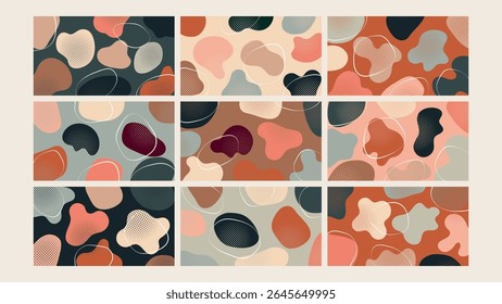 Dynamic abstract design featuring colorful organic blob shapes with halftone textures and vibrant hues, perfect for modern and playful aesthetics.