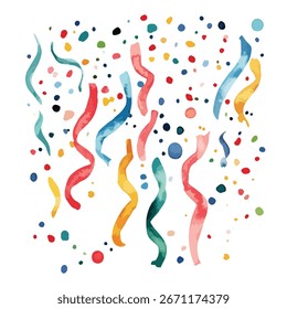 A dynamic abstract design featuring colorful ribbons and confetti. The image is full of vibrant hues and shapes.