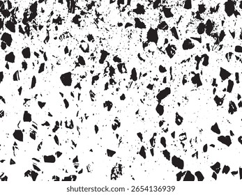 A dynamic abstract design featuring a dense scattering of irregular black shapes and numerous small dots, presented as a silhouette on a transparent background.
