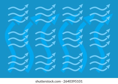 Dynamic abstract design featuring flowing lines and arrows in shades of blue on a solid blue background