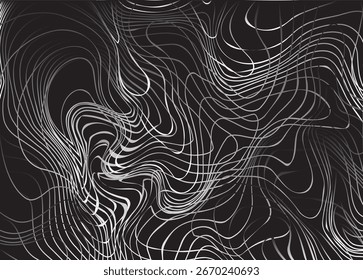 Design abstrato dinâmico com linhas de grade curvas brancas fluindo sobre um fundo preto, ideal para tecnologia, arte digital ou fundos modernos