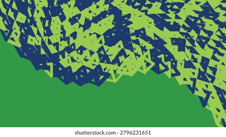 A dynamic abstract design featuring a mix of blue and green geometric shapes on a solid green background, creating a visually striking contrast of colors and textures.
