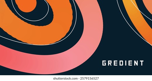 A dynamic abstract design featuring overlapping swirls and concentric circles in rich orange and coral tones on a deep navy background.