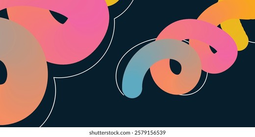 A dynamic abstract design featuring overlapping swirls and concentric circles in rich orange and coral tones on a deep navy background.