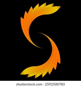 Dynamic abstract design featuring swirling, orange-gold leaf-like shapes against a deep black backdrop.