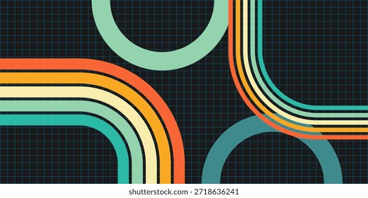 Diseño abstracto dinámico con franjas curvas vibrantes y arcos sólidos contra un fondo oscuro y cuadriculado, lo que sugiere un tema retro digital o de placa de circuito.