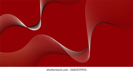 Dynamisches abstraktes Design mit fließenden wellenförmigen Farbverlauf-Linien in Orange und Weiß auf rotem Hintergrund. Perfekt für moderne, futuristische und kreative Grafikprojekte.