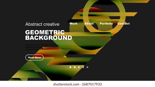 Design abstrato dinâmico. As formas geométricas se sobrepõem, criando gradientes de cores vibrantes. O cabeçalho do site inclui opções de navegação, texto, botão.