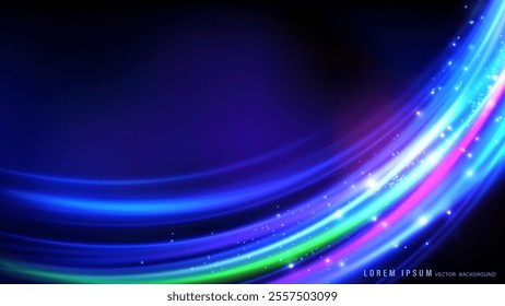 Dynamic abstract design with glowing curved light trails in vivid shades of blue, green, and pink against dark gradient background. Vector illustration