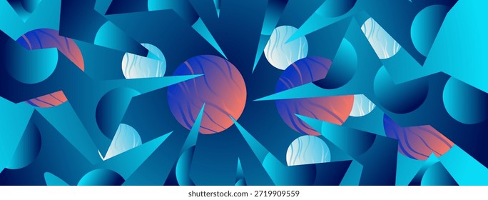 Diseño abstracto dinámico con esferas brillantes, Formas geométricas nítidas y Gradientes naranjas azules vibrantes. Ideal para proyectos y fondos temáticos tecnológicos, espaciales o digitales. 