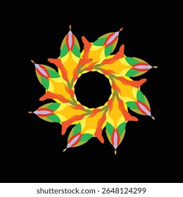 Design abstrato dinâmico com simetria radial e elementos florais em fundo preto