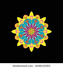 Design abstrato dinâmico com simetria radial e elementos em forma de mandala no plano de fundo preto