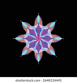 Design abstrato dinâmico com simetria radial e elementos do tipo starburst no plano de fundo preto