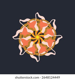 Design abstrato dinâmico com simetria radial e elementos semelhantes ao sunburst no fundo escuro