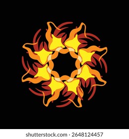 Design abstrato dinâmico com simetria radial e elementos semelhantes a chamas no plano de fundo preto
