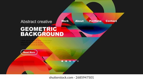 Dynamic abstract design. Vibrant colors blend, creating modern website template. Text overlays promote content exploration.