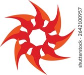 A dynamic abstract digital art piece featuring a symmetrical star-like design with sharp, spiky red and dark red blade elements swirling around a central void on a white background, 
