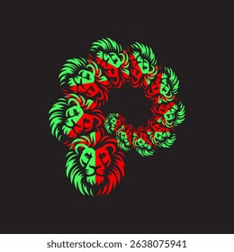A dynamic abstract digital art piece featuring stylized red and green lion heads arranged in a swirling, layered pattern, creating an energetic and unique circular design on a sleek black background,