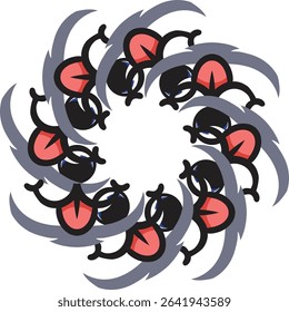 A dynamic abstract digital art piece featuring a symmetrical circular pattern of swirling red and white flame-like elements on a black background, symbolizing fiery energy and intricate motion.