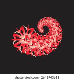 A dynamic abstract digital art piece featuring a swirling spiral of layered red and white pointy elements on a sleek black background, symbolizing fiery energy, growth, and continuous movement.