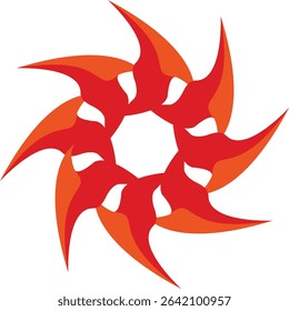 A dynamic abstract digital art piece featuring a symmetrical star-like design with sharp, spiky red and dark red blade elements swirling around a central void on a white background, 