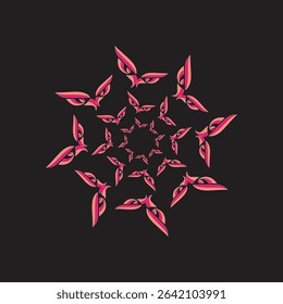 A dynamic abstract digital art piece featuring a swirling spiral of layered pink and orange organic shapes, tapering towards the center on a black background