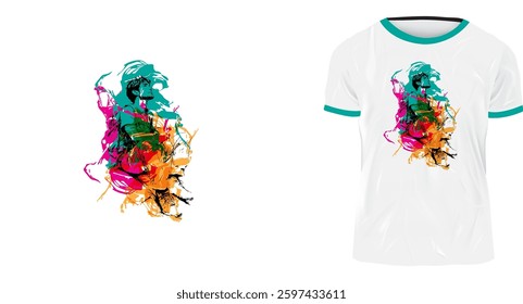 A dynamic abstract digital artwork featuring an expressive human figure intertwined with vibrant strokes of color. The bold interplay of cyan, magenta, orange, and black creates a striking contrast