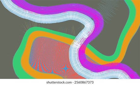 A dynamic abstract digital artwork showcasing flowing ribbon-like waves in multicolored hues of purple, green, orange, and blue on a dark gray background, a perfect choice for abstract wallpapers