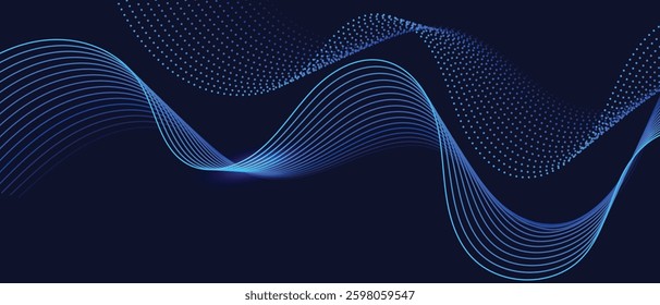 A dynamic and abstract digital design with flowing blue waveforms against a dark background,smooth, curving lines and dotted patterns that create a sense of movement and energy. 