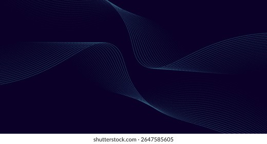 A dynamic and abstract digital design with flowing blue waveforms against a dark background,smooth, curving lines and dotted patterns that create a sense of movement and energy. 