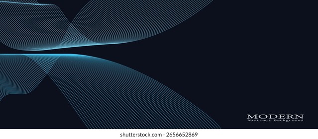 Um design digital dinâmico e abstrato com formas de onda azul fluindo contra um fundo escuro, linhas suaves, curvas e padrões pontilhados que criam um sentido.