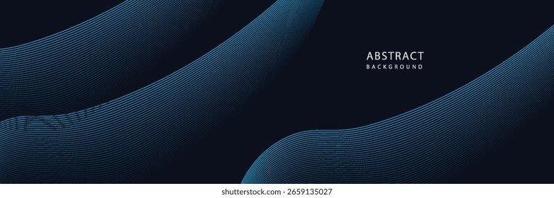 Diseño digital dinámico y abstracto con formas de onda azules que fluyen contra un fondo oscuro, líneas suaves y curvas y patrones punteados. Ilustración vectorial, Sitio web