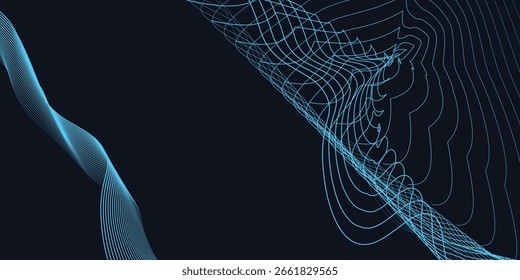 A dynamic and abstract digital design with flowing blue waveforms against a dark background,smooth, curving lines and dotted patterns that create a sense of movement and energy. 