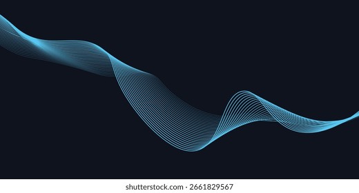 Ein dynamisches und abstraktes digitales Design mit fließenden blauen Wellenformen auf dunklem Hintergrund, glatten, gekrümmten Linien und gepunkteten Mustern, die ein Gefühl von Bewegung und Energie erzeugen. 