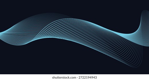 Um design digital dinâmico e abstrato com formas de onda azul fluindo contra um fundo escuro, linhas suaves e curvas e padrões pontilhados que criam uma sensação de movimento e energia. 